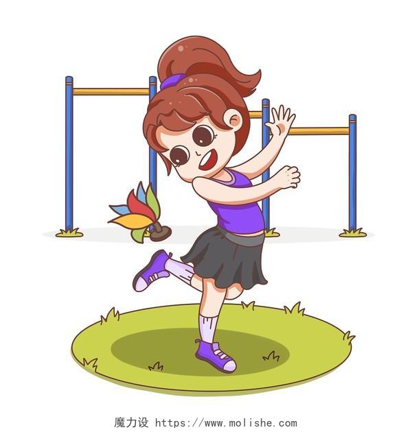 卡通运动女孩踢球健身插画素材png